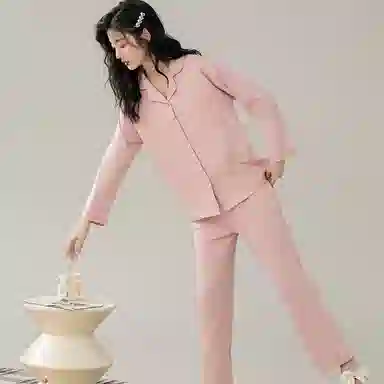 兰缪 带胸垫长袖长裤纯棉简约休闲可外穿睡衣套装 女款 粉色