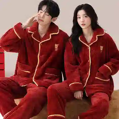 兰缪 舒适亲肤休闲睡衣套装 男女同款 红色