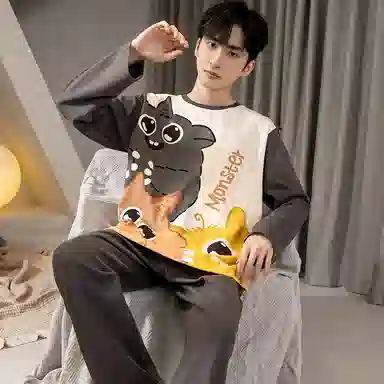 兰缪 卡通学生青少年薄款休闲长袖长裤家居服睡衣套装 男款 图片色
