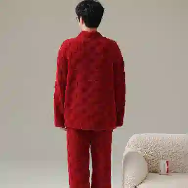 兰缪 新婚喜庆珊瑚绒加绒加厚本命年保暖长袖长裤睡衣套装 男款 红色