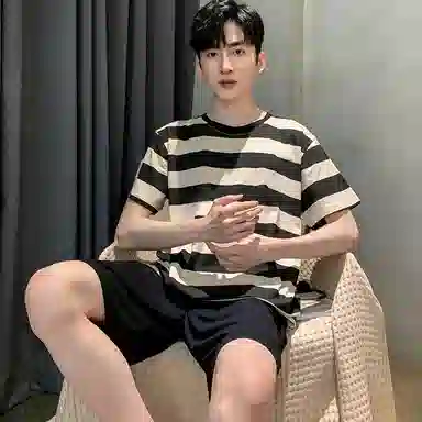 兰缪 简约亲肤舒适条纹圆领短袖凉感休闲家居可外穿纯色短裤睡衣套装 男款 黑色