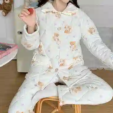 兰缪 三层夹棉加厚休闲舒适可外穿家居服睡衣套装 女款 米白色