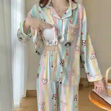 兰缪 甜美带胸垫一体休闲长袖长裤可外穿家居服睡衣套装 女款 图色