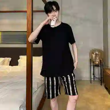 兰缪 休闲条纹舒适短袖五分裤睡衣套装 男款 图片色