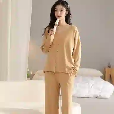 兰缪 简约亲肤舒适带胸垫一体防凸点长袖可外穿休闲长裤睡衣套装 女款 杏色