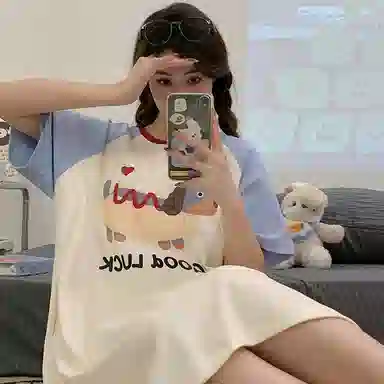 兰缪 带胸垫薄款宽松圆领套头中长款短袖睡裙 女款 图片色