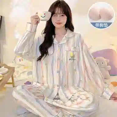 兰缪 带胸垫舒适透气长袖长裤可外穿家居服睡衣套装 女款 图色