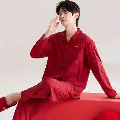兰缪 喜庆翻领亲肤舒适长袖长裤家居服睡衣套装 男款 图片色