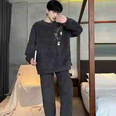 兰缪 加厚保暖舒适长袖长裤家居睡衣套装 男款 深灰色