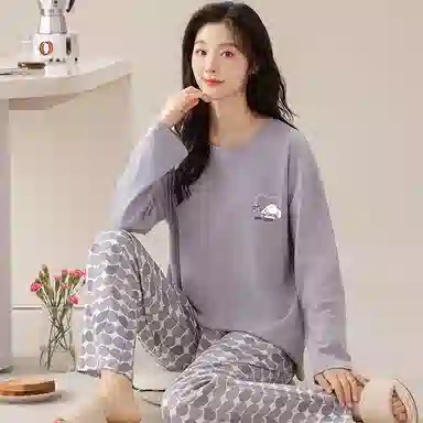 兰缪 带胸垫一体女士春秋季夏天长袖纯棉少女生家居服 睡衣套装 女款