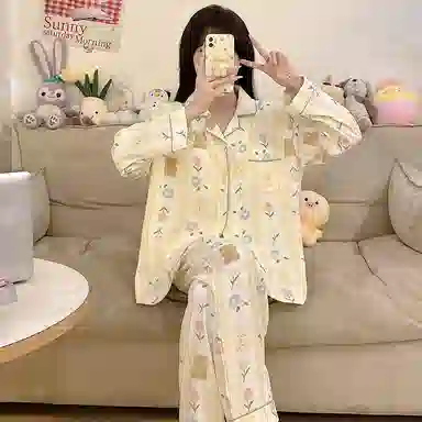 兰缪 简约亲肤舒适带胸垫一体防凸点长袖可外穿休闲长裤睡衣套装 女款 杏色