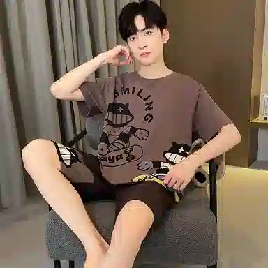 兰缪 薄款卡通印花圆领套头短袖松紧短裤睡衣套装 男款 深灰色