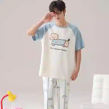 兰缪 短袖长裤小狗字母舒适家居服睡衣套装 男款 图片色