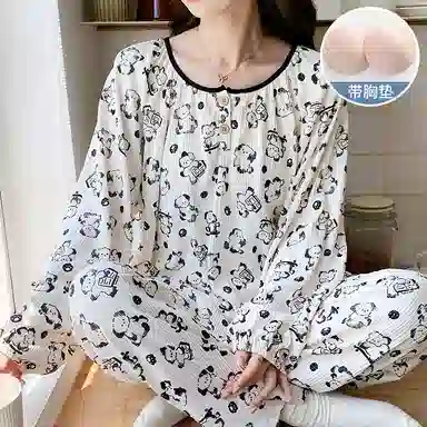 兰缪 圆领套头可爱甜美皱布带胸垫一体长袖长裤睡衣套装 女款 白色