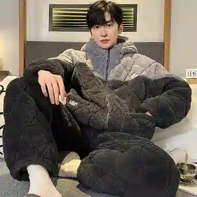 兰缪 保暖三层夹棉连帽家居服睡衣套装 男款 图片色