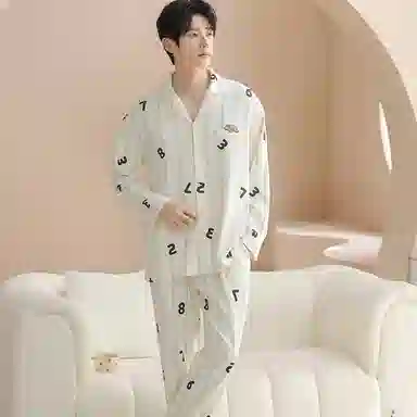 兰缪 男士春秋季纯棉开衫长袖休闲男生可外穿翻领家居服睡衣套装 男款