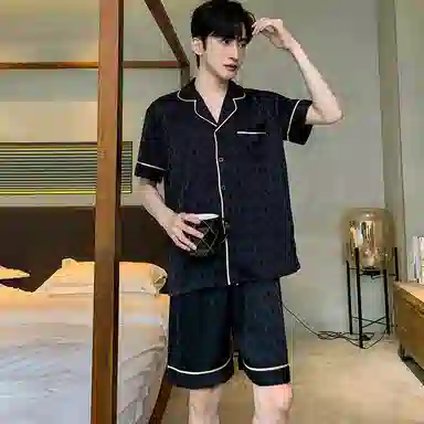兰缪 夏季冰丝短袖时尚休闲短裤睡衣套装 男款 黑色