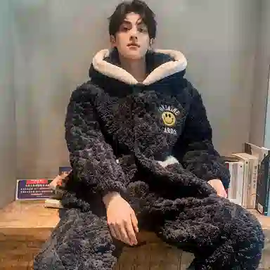 兰缪 男士秋冬季珊瑚绒加绒加厚三层夹棉冬天保暖可外穿家居服睡衣套装 男款