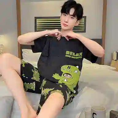 兰缪 卡通恐龙印花圆领套头短袖松紧短裤睡衣套装 男款 黑色