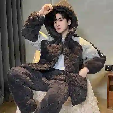 兰缪 保暖连帽简约舒适长袖长裤家居睡衣套装 男款 深灰色