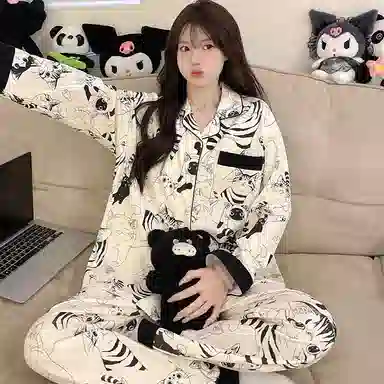 兰缪 简约亲肤舒适带胸垫一体防凸点长袖可外穿休闲长裤睡衣套装 女款 杏色