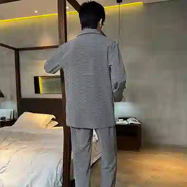兰缪 加厚发热长袖舒适亲肤条纹睡衣套装 男款 图色