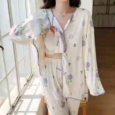 兰缪 简约亲肤可爱甜美带胸垫一体开衫长袖休闲可外穿长裤睡衣套装 女款 图片色