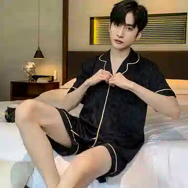 兰缪 夏季冰丝短袖时尚休闲短裤睡衣套装 男款 黑色