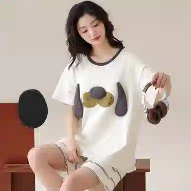 兰缪 纯棉短袖短裤带胸垫甜美学生网红风家居服睡衣套装 女款