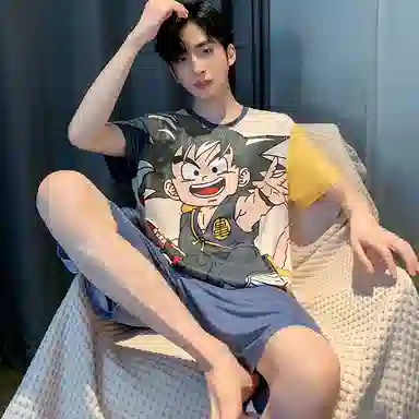 兰缪 卡通印花圆领套头短袖松紧短裤睡衣套装 男款 杏色