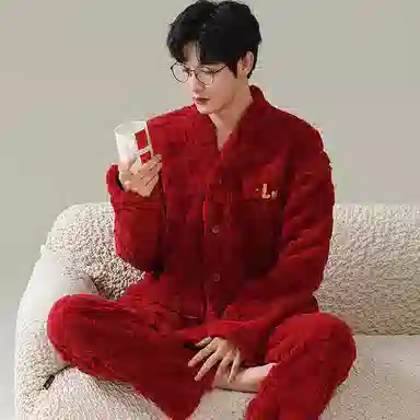 兰缪 新婚喜庆珊瑚绒加绒加厚本命年保暖长袖长裤睡衣套装 男款 红色