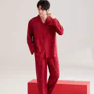 兰缪 喜庆翻领亲肤舒适长袖长裤家居服睡衣套装 男款 图片色