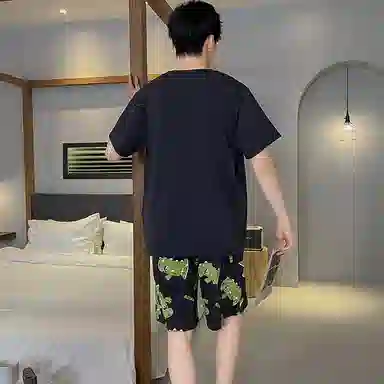 兰缪 卡通恐龙印花圆领套头短袖松紧短裤睡衣套装 男款 黑色