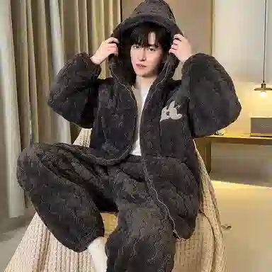 兰缪 连帽三层夹棉袄保暖家居服长袖长裤睡衣套装 男款 图片色