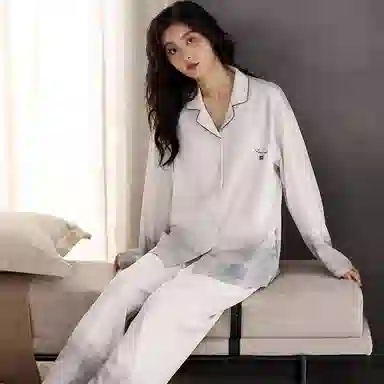 兰缪 舒适休闲透气带胸垫长袖长裤可外穿家居服睡衣套装 女款 图色