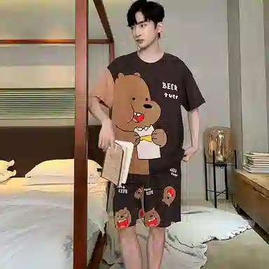 兰缪 纯棉卡通小熊印花舒适圆领套头短袖松紧短裤睡衣套装 男款 图片色