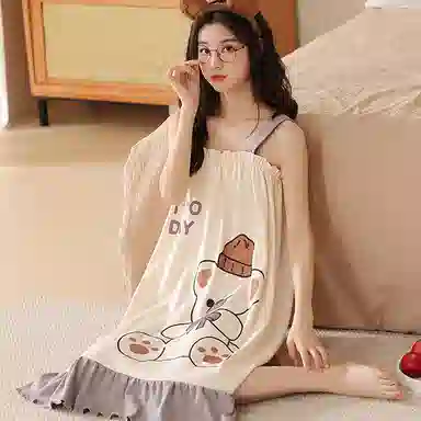 兰缪 薄款无袖吊带连衣裙可爱全棉睡裙 女款 图片色