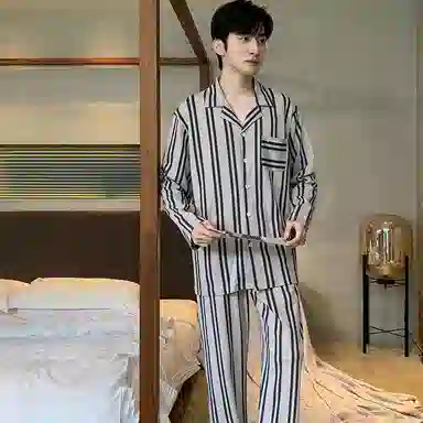 兰缪 纯棉长袖青少年学生开衫大码家居服春秋季睡衣套装 男 图片色