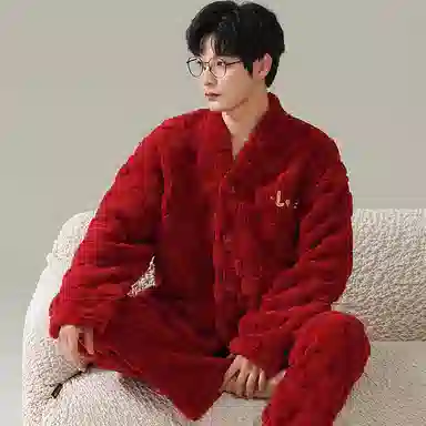 兰缪 新婚喜庆珊瑚绒加绒加厚本命年保暖长袖长裤睡衣套装 男款 红色