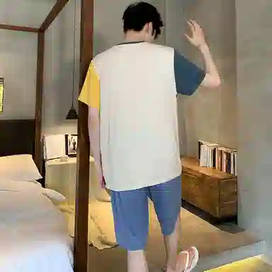 兰缪 卡通印花圆领套头短袖松紧短裤睡衣套装 男款 杏色