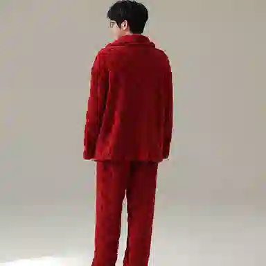 兰缪 新婚喜庆珊瑚绒加绒加厚本命年保暖长袖长裤睡衣套装 男款 红色