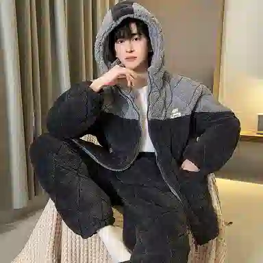 兰缪 保暖三层夹棉连帽家居服睡衣套装 男款 图片色