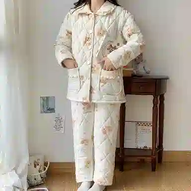 兰缪 三层夹棉加厚休闲舒适可外穿家居服睡衣套装 女款 米白色