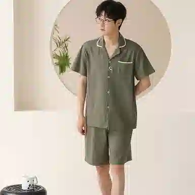 兰缪 休闲翻领纯色短袖上衣可外穿家居服五分裤睡衣套装 男款 图片色