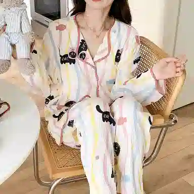 兰缪 可爱甜美带胸垫一体开衫长袖休闲可外穿长裤睡衣套装 女款 图片色