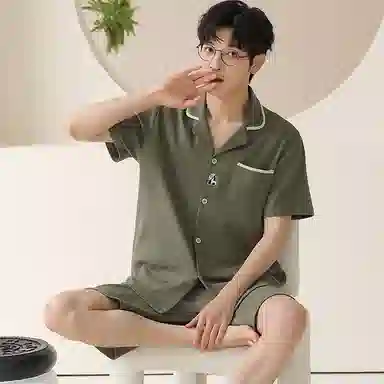 兰缪 休闲翻领纯色短袖上衣可外穿家居服五分裤睡衣套装 男款 图片色