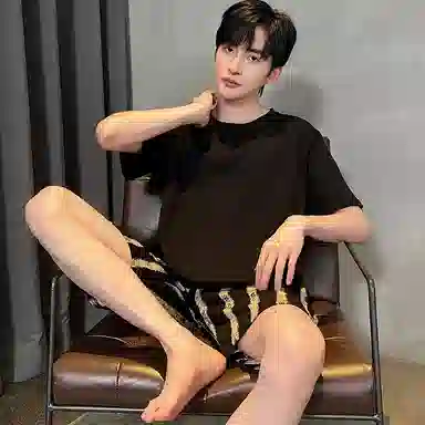 兰缪 休闲条纹舒适短袖五分裤睡衣套装 男款 图片色