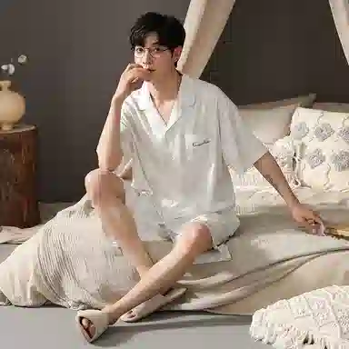 兰缪 凉感舒适透气短袖上衣可外穿家居服五分裤睡衣套装 男款 图片色