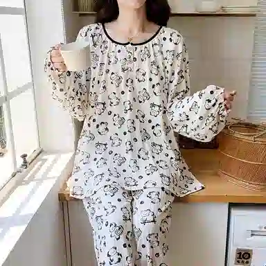 兰缪 圆领套头可爱甜美皱布带胸垫一体长袖长裤睡衣套装 女款 白色