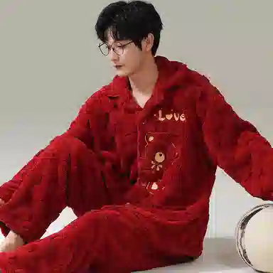 兰缪 新婚喜庆珊瑚绒加绒加厚本命年保暖长袖长裤睡衣套装 男款 红色